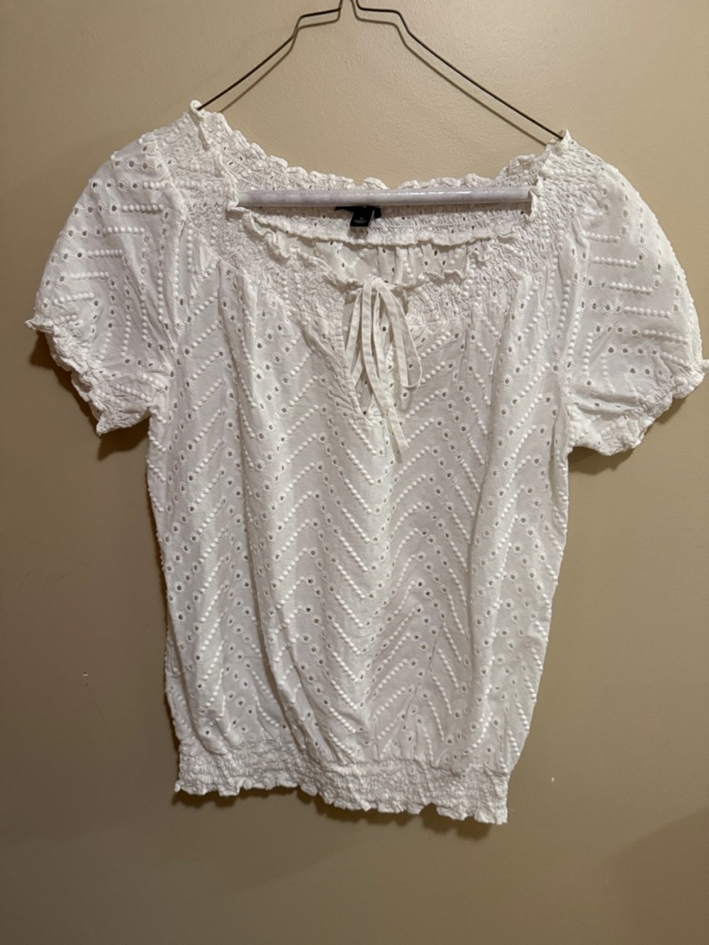 Ann Taylor White Eyelet Tie-Neck Peasant Blouse